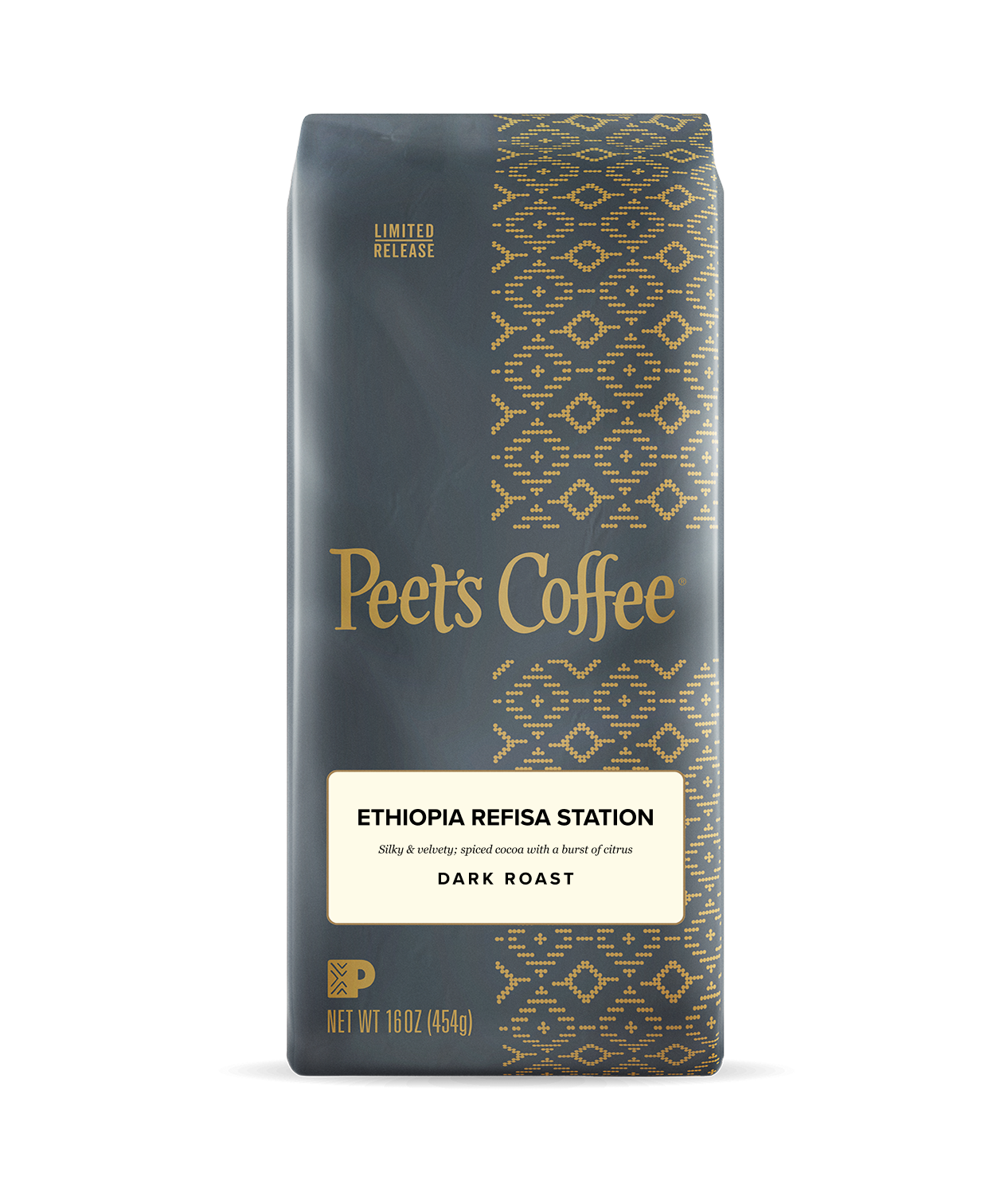 Peet's Coffee Ethiopia Refisa Station dark roast coffee package on a white background